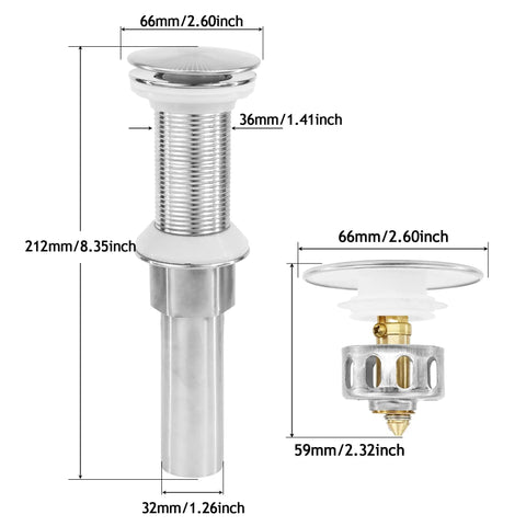 Top Shelf Brushed Nickel Pop Up Bath Sink Drain Stopper Without Overflow, dimensions and design detail view.