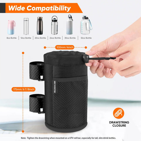 Universal Cup Holder For 8 To 32 Oz Bottles With Net Pockets And Hook And Loop Straps, showing wide bottle compatibility and drawstring closure.