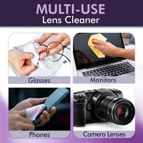 OptiSource International Clear View Screen & Lens Cleaner; 4-panel view of glasses, monitors, phones, and camera lenses
