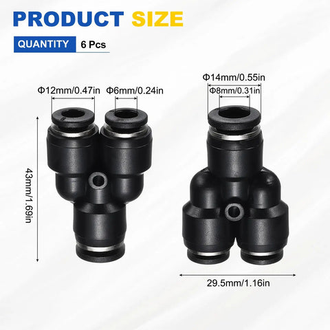 3 Way Y Shape Push To Connect Pneumatic Fittings Black Plastic Union For Air Lines sizes and measurements