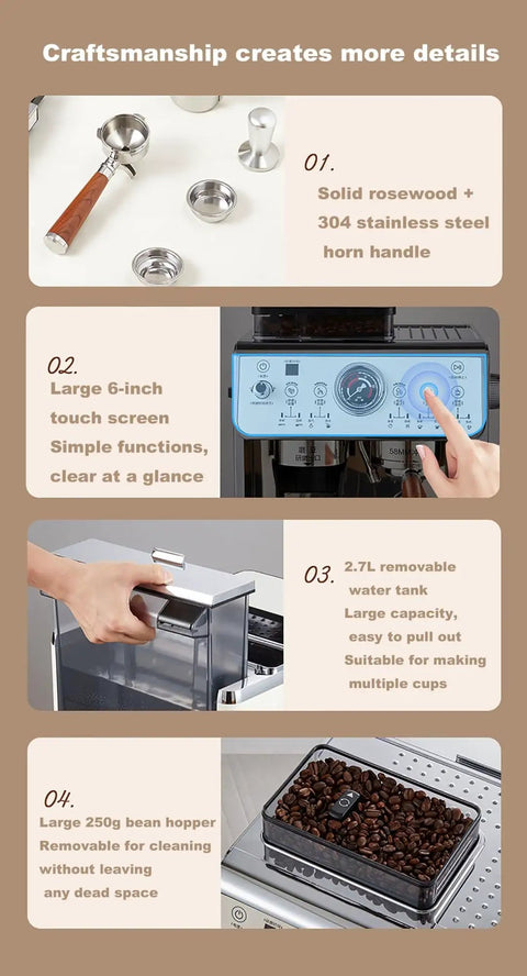 Top Shelf Bean To Cup Espresso Machine With Burr Grinder And 25 Bar Pressure features a 6-inch touch screen and 2.7L removable water tank.