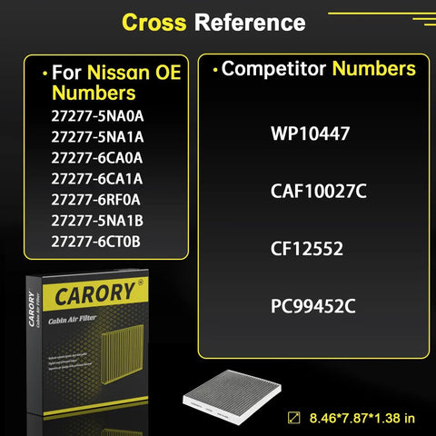 Cross reference chart for Activated Carbon Cabin Air Filter for Nissan Rogue 2021-2025 with competitor and OE numbers