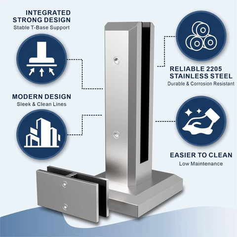 Top Shelf Frameless Glass Railing Kit Featuring Six Panels Of Crystal Clear Laminated Tempered Glass And Rock Solid Marine Grade Stainless Steel Mounting Hardware For Your Dream Outdoor Deck Project with stainless steel mounting and stable base.
