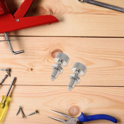 Heavy Duty Retractable Spring Plunger Kit Stainless Steel Locking Pins Knurled Grip Handle on wooden surface with tools