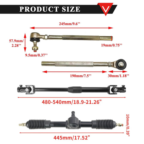 Heavy Duty Steering Wheel Kit Pair Includes 450 Millimeter Gear Rack Handlebar Clamps For Go Kart ATV Buggy Quad UTV product size chart with dimensions.