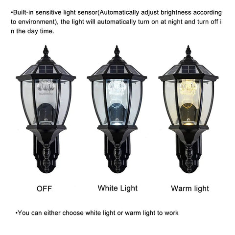 Solar Powered Wall Lamp With Light Sensor Auto On At Night Waterproof Outdoor LED Hexagonal Sconce with off, white, warm light
