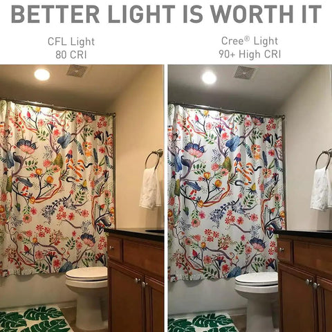Bathroom with floral shower curtain showing lighting difference; left CFL 80 CRI, right Cree Light 90+ CRI.