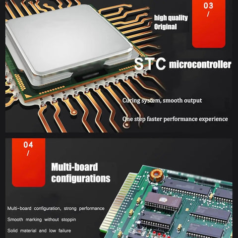 STC microcontroller on a circuit board with gold traces, showcasing high quality and multi-board configurations.