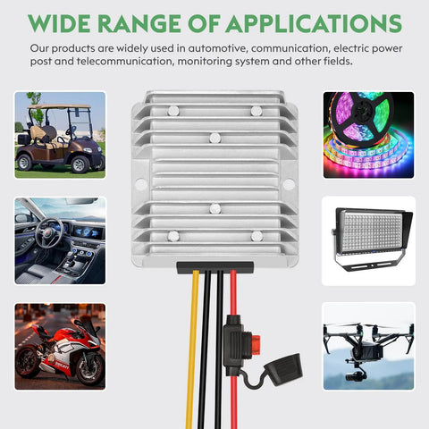 Beefy 240W DC Buck Converter For Golf Carts, 18V To 58V Input, 12V Output, 20A Max, shown with application examples