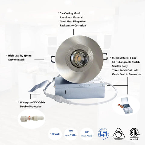 Canless Recessed Gimbal Downlight With 360 Degree Rotatable Eyeball And 40 Degree Beam Plus 30 Degree Tilt Five CCT In One Dimmable 8W Four Inch Brushed Nickel Ceiling Pot Light With Junction Box on display with features diagram