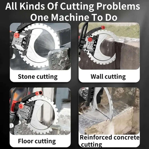 8900W Monster Power Electric Concrete Saw Killer Wet Cut For Granite Stone Includes Pump Water Line Titanium Blade For Wall Grooving And Masonry 220V Pro Gear Dust Suppression Build, showcasing various cutting applications.