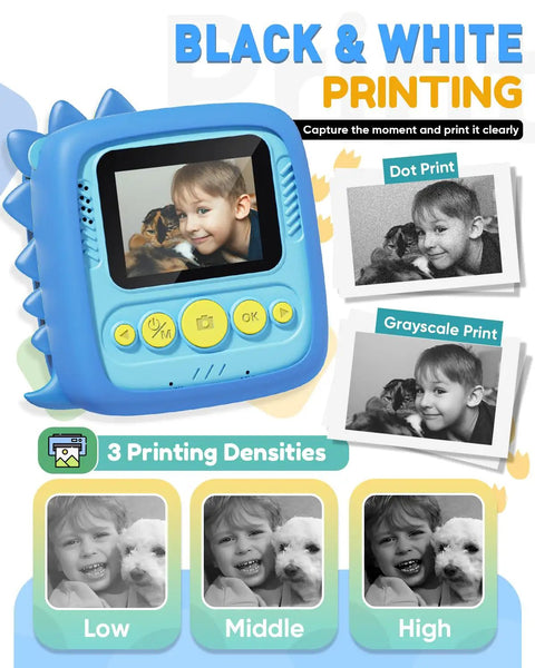 Kids Camera With Dinosaur Silicone Case 1080P Toddler Digital Camera For Boys And Girls Ages 3 To 8 With Instant Photo Printing And 3 Roll Print Paper Blue Fun Toy, front view