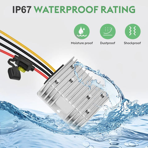 Beefy 240W DC Buck Converter For Golf Carts, 18V To 58V Input, 12V Output, 20A Max, High Efficiency Up To Ninety Five Percent depicting waterproof feature