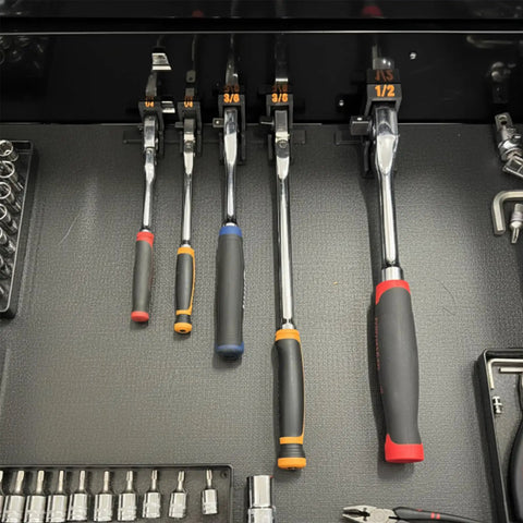 Magnetic Ratchet Holder Set For Toolbox, 3 Modular Tool Holders For One Quarter, Three Eighths And One Half Inch Wrenches And Sockets, Boss Magnet Base displayed in a toolbox