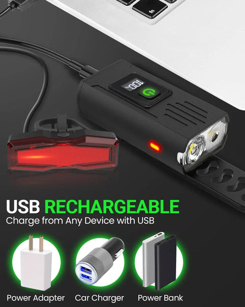 Lit Ultra Bright Bike Light Set Front And Rear USB Rechargeable Headlight And Taillight beside charging icons