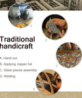 Traditional handcraft process for Dragonfly Tiffany Style Stained Glass Desk Lamp for Reading and Working, showing hand-cutting and copper foil application.
