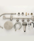 Riviera Shower System With 8-Inch Rain Showerhead, Three Body Sprays, Five-Function Hand Shower, Brushed Nickel Finish components displayed