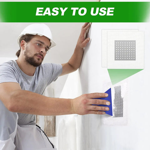Man applying patch from EZ Drywall Patch Kit With Waterproof Spackle And Heavy Duty Wall Mender For Quick Home Fixes.