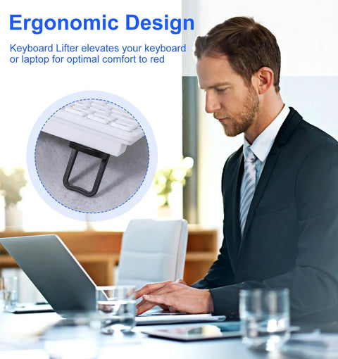 Man using Two Pack Keyboard Riser With Dual Tilt Angles, Portable Foldable Keyboard Feet For Laptops And Desktops, Ergonomic Typing Boost
