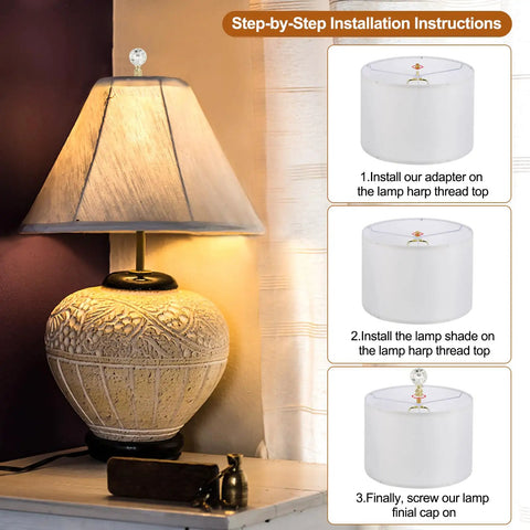 Crystal Ball Lamp Finial Cap for Lampshade Harp Top 1/4-27 Thread Gold Tone Metal Knob installed on a table lamp