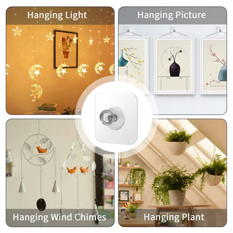Heavy Duty Ceiling Hooks Waterproof Stainless Steel No Nail Needed Adhesive Hooks 4 Pack For Indoor Outdoor Use showing hanging lights, pictures, wind chimes, and plants