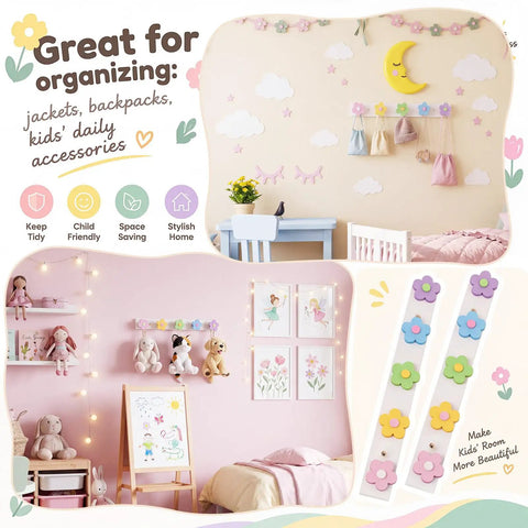 Tot Approved Flower Shaped Kids Coat Rack 2 Piece Wall Hook Set Rainbow Colors in nursery holding bags and decor.
