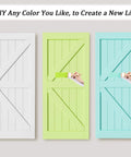 Three sliding barn doors, one white, one painted green, and one blue, with hands holding paint rollers in a DIY setup.
