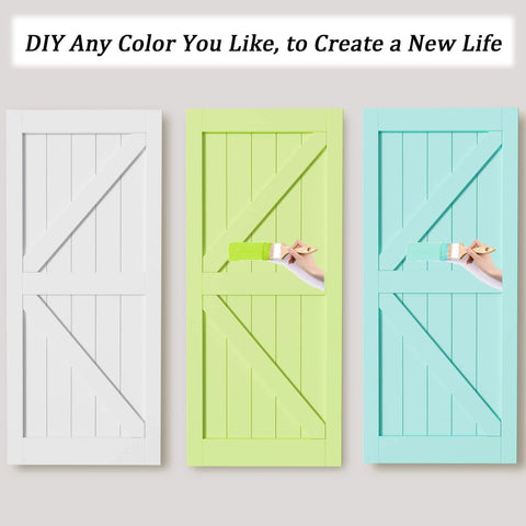 Three sliding barn doors, one white, one painted green, and one blue, with hands holding paint rollers in a DIY setup.