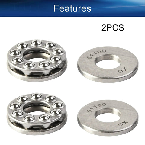 Two Bettomshin 51100 thrust ball bearings with washers; steel, 10mm bore, 24mm OD, 9mm width