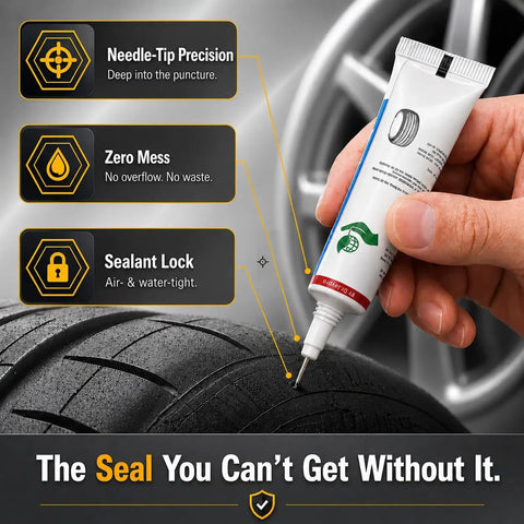 Heavy Duty Tubeless Tire Plug Kit With 61 Durable Rubber Repair Nails And Slick Tools For Fast Fixes That Keep Your Road Rig Rolling Smooth During Any Adventure, featuring sealant tube for precise application.