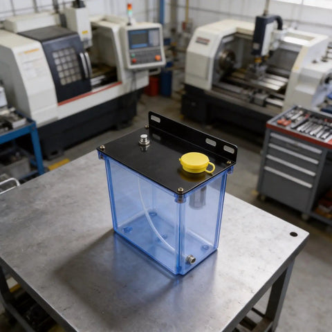 Heavy Duty 3L Cnc Lubrication Tank With Integrated Filter on a workbench, showing durable plastic metal oil reservoir design.