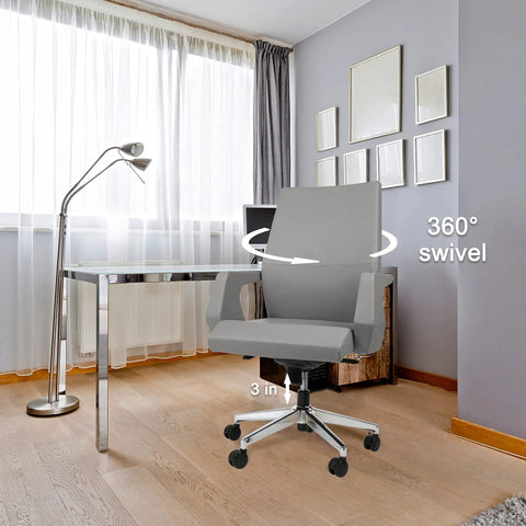 Kick Back All Day With This Legit Ergonomic Executive Office Chair Featuring Smooth Adjustable Reclining Lock Tilt Water Resistant Faux Leather Cushion Sturdy Aluminum Pedestal Base And Silent Rolling Wheels For Your Prime Home Office Setup In Cool Grey showing 360° swivel and modern design.