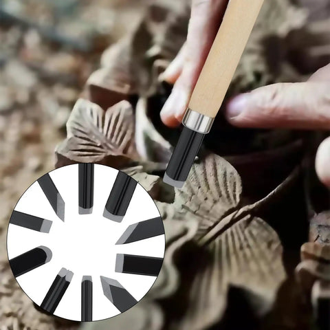 Pro Grade Ten Piece Wood Carving Chisel Set Forged From Heat Treated Chrome Vanadium Steel With Comfortable Wooden Handles, showing a detailed carving in progress.