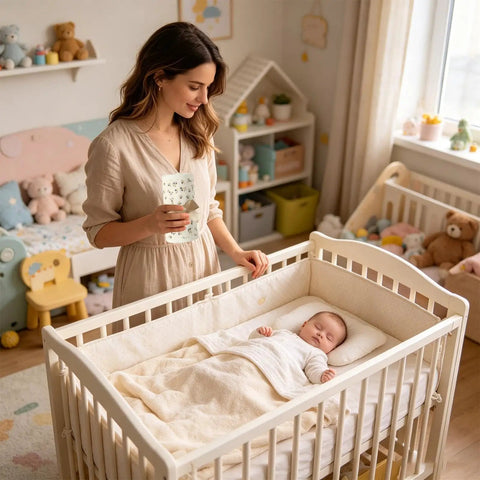 Breathable Cotton Teething Bed Rail Covers, 4 Piece Adjustable Chew Proof Rail Protector on crib with sleeping baby