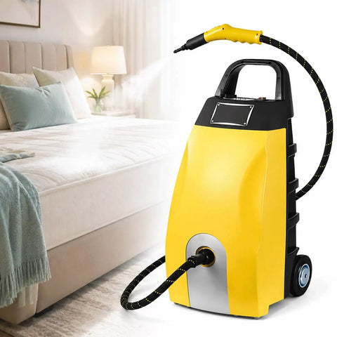 Industrial High Temp Steam Washer Boasting Hella Hot 230 Degree Vapor Output With Seven Pro Attachments To Nudge Kitchen Grease Car Grime And Stubborn Marks Right Off standing beside a bed in a well-lit room.