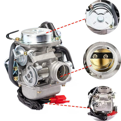 BeefedUp 24Mm PD24J Carburetor Kit For 4 Stroke 125Cc 150Cc Engines with detailed intake manifold and air filter views
