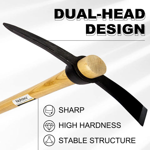 Beefy Heavy Duty Pickaxe With Wood Handle For Digging And Chiseling Forged High Carbon Steel Head 36 Inch Length shown dual-head design