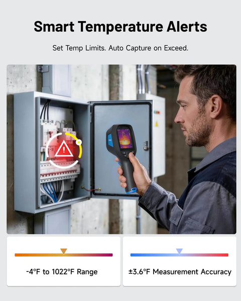 Man using Thermal Imaging Handheld Camera For Pros With 256 By 192 Infrared Resolution Big Three Point Five Inch Display on electrical box