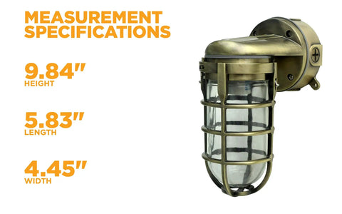 Industrial 100W Incandescent Wall Mount Light in Antique Brass with tempered glass, measurement specifications displayed beside.