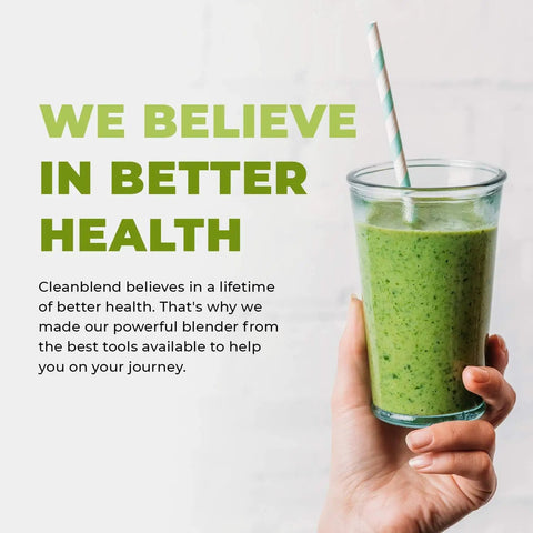 Hand holding a glass of green smoothie with striped straw next to text about better health and powerful blender use.