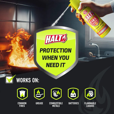Quick Grab And Go Handheld Fire Safety Spray Fast Acting Non Toxic PFAS Free Emergency Fire Extinguisher For Home Kitchen And Car Two Pack Portable compact spray suppressing kitchen fire.