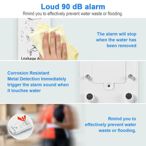 Wireless Water Leak Detectors With 90dB Alarm showing corrosion resistant metal detection and water stop features