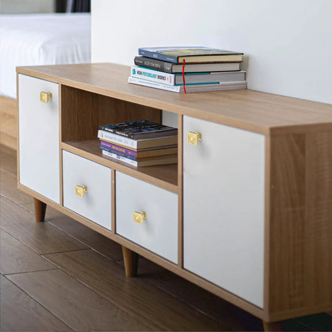 Wooden cabinet with 10 Pack 1.2 Inch Brushed Gold Square Cabinet Knobs For Kitchen Cabinets And Dressers, Premium Finish