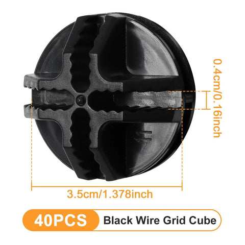 Close-up of a black plastic connector for wire grid shelving, labeled 3.5cm diameter, part of 40 Piece Plastic Storage Cube Connectors.