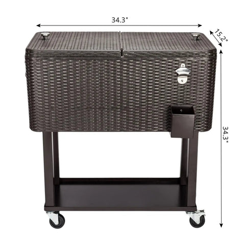 Front view of 80 Quart Rolling Cooler Cart for Patio and Pool Parties with brown wicker finish, bottle opener, and cap catcher.