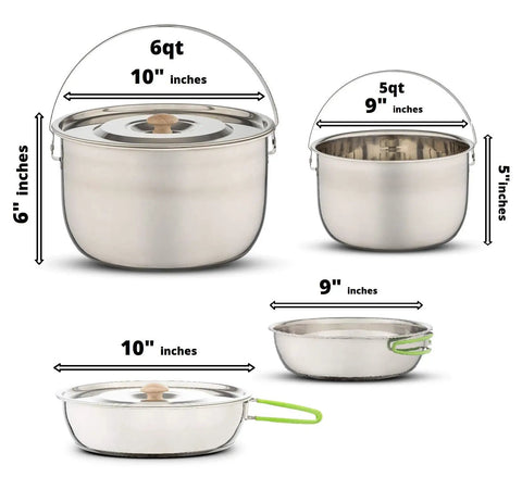 Compact Stainless Steel Campfire Cookware Set with travel tote, 6qt and 5qt pots with lids, and 9-inch pan with handle shown.