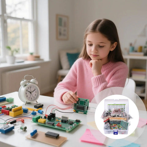 Young girl with Ultimate 1818 Piece Electronics Component Kit With Transistors LEDs Capacitors And Resistors One Quarter Watt Includes PCB Prototype Board And Clear Storage Box for DIY projects.