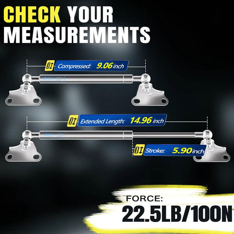 Rock Solid 304 Stainless Steel Gas Struts 15 Inch 22.5 Pound measurements including compressed and extended lengths.