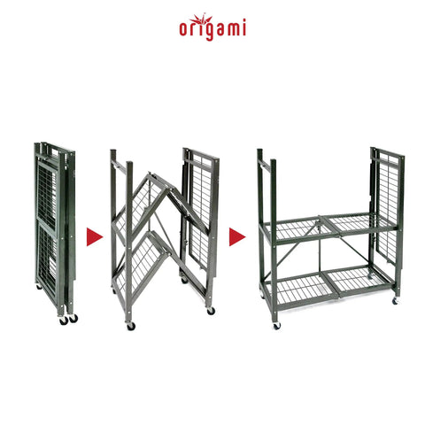Three Tier Foldable Storage Shelf On Wheels, Heavy Duty Rolling Rack, Pewter Finish, folding mechanism demonstration