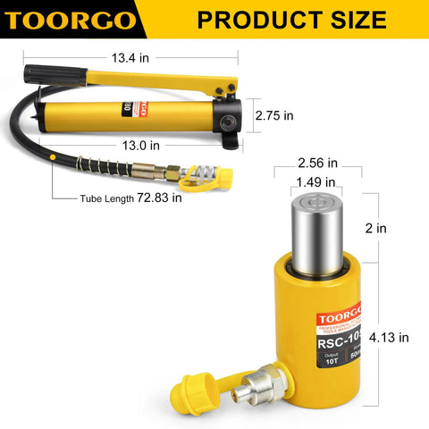 Zero Sweat 10 Ton Hydraulic Cylinder Jack With 2 Inch Stroke Automatic Retracting Ram dimensions showing compact size and usage for car repair.